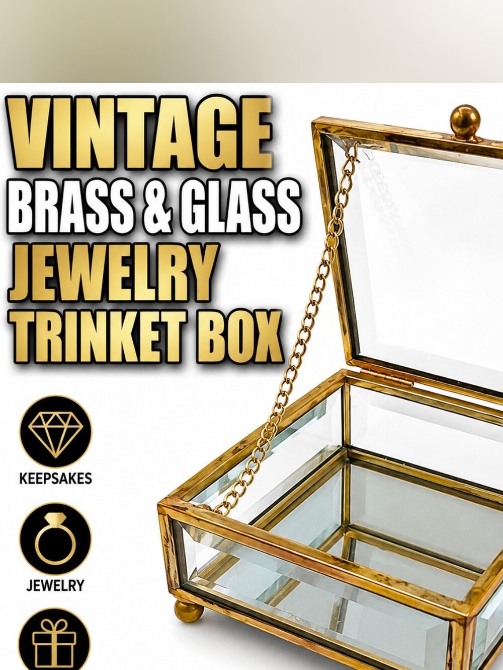 Vintage Brass Glass Jewelry Trinket Box 4x4x2 Hinged Lid Beveled Vanity Decor